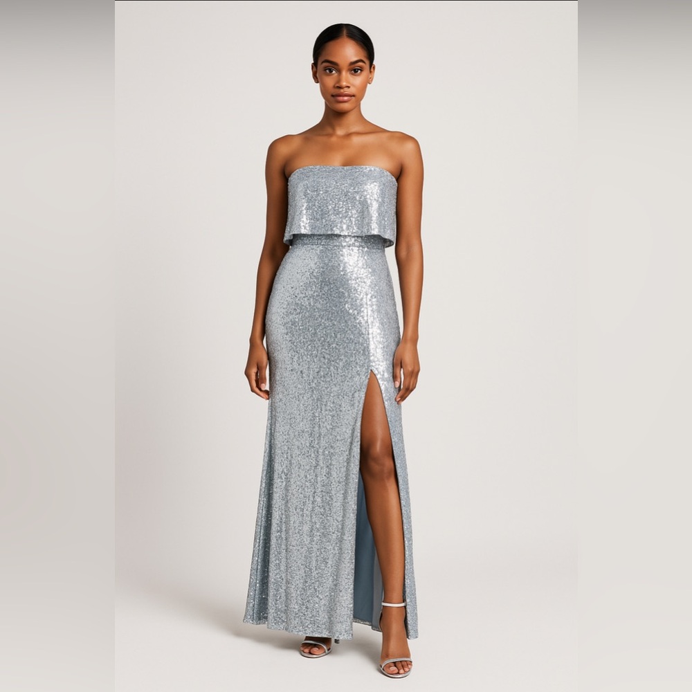 Aqua Silver Sequin Strapless Gown Size 4 NWT Slit Prom GALA Dress Formal Evening